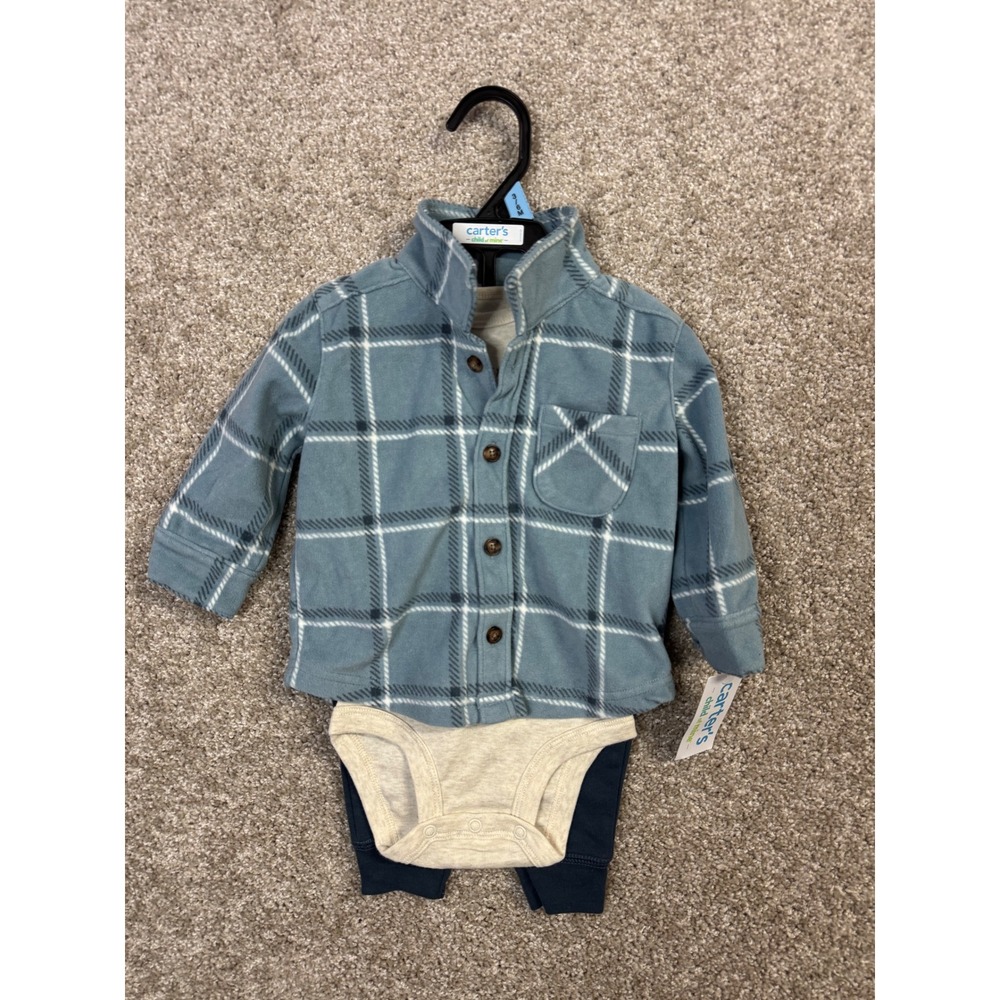Carters Child of Mine 3pc Baby Boy Set Blue Plaid Fleece Shirt Bodysuit 3-6M